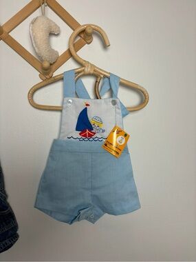 Vintage Light Blue Sailboat Embroidered Baby Shortalls